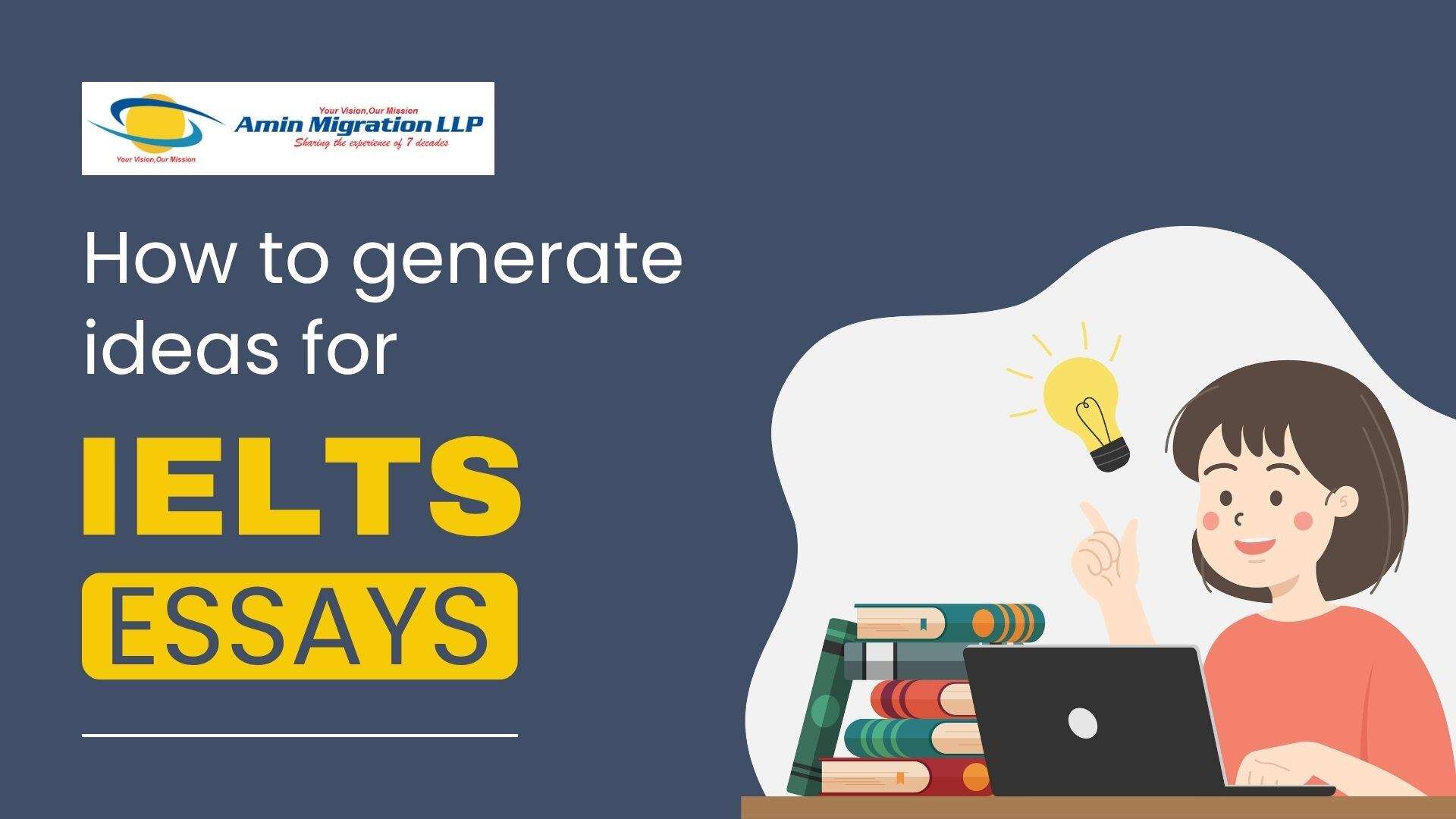 How to generate ideas for IELTS essays — student studying with books and laptop, Amin Migration LLP Ahmedabad